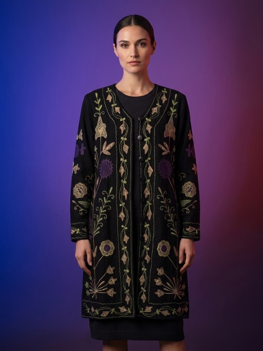 Vintage April Cornell Black Floral Embroidered Lined Coat Size Small